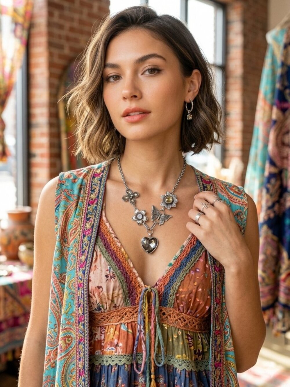 🦋🌼💙Chunky Crystal Rhinestone Heart Flowers Butterfly Statement Necklace💙🌼🦋 - Picture 2 of 16